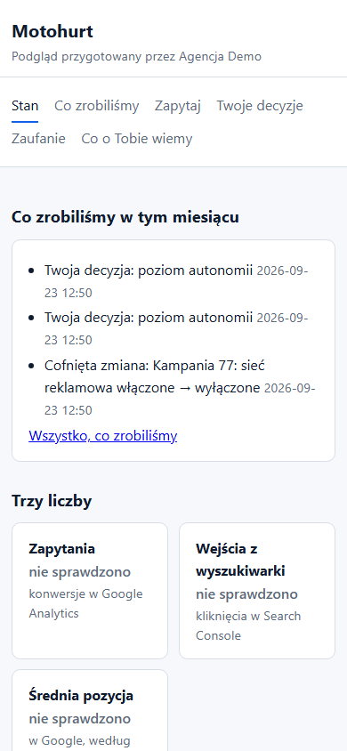 Portal klienta agencji pod jej marką. Zrzut z demo, 2026-09-23.