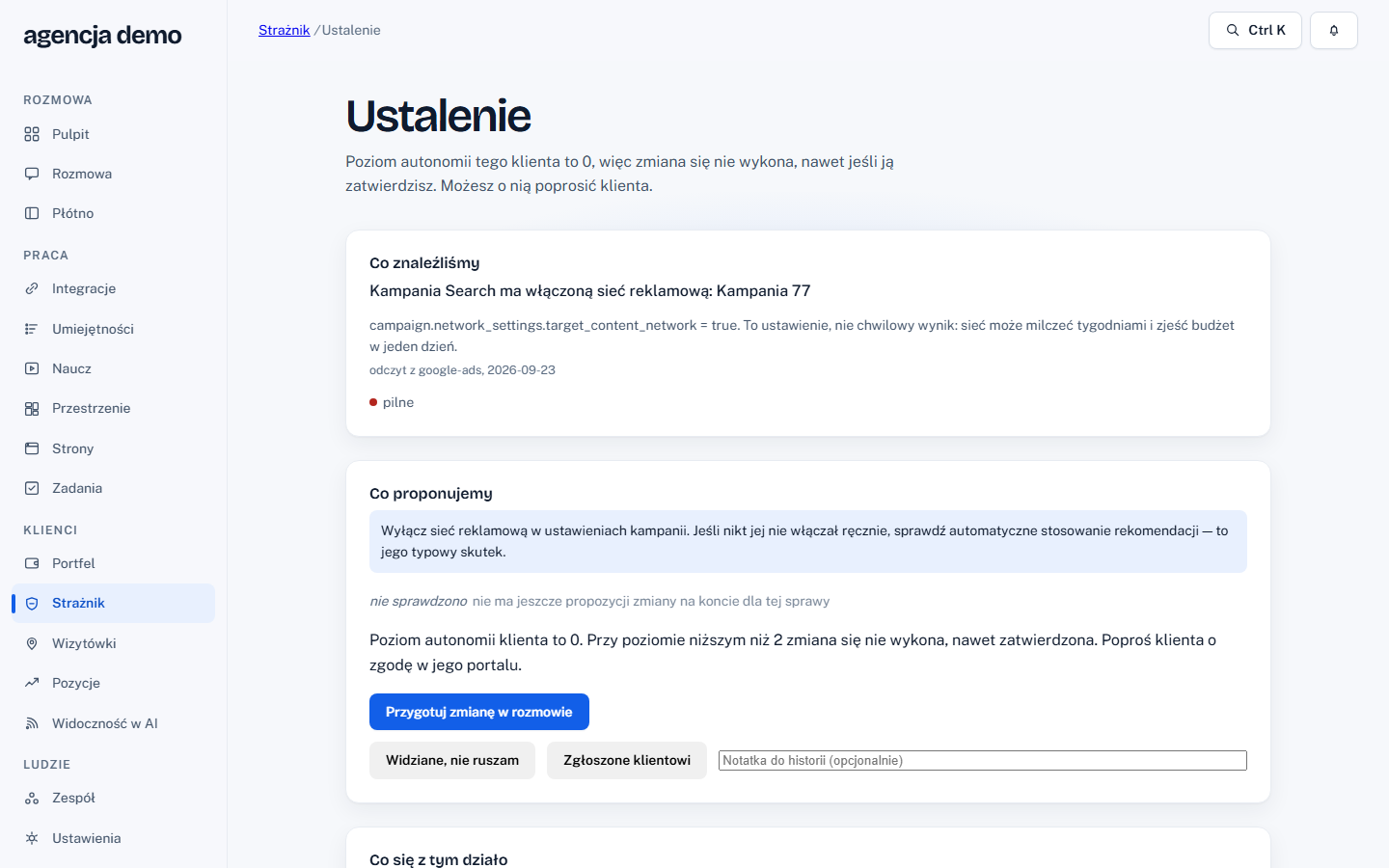 Ustalenie strażnika z dowodem i propozycją zmiany. Zrzut z demo, 2026-09-23.